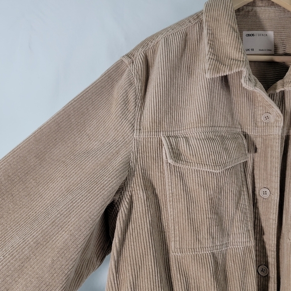 Asos Women's Plus Size Beige Corduroy Shacket Sz 18 Cinched Waist Raw Hem Pocket - Picture 7 of 12